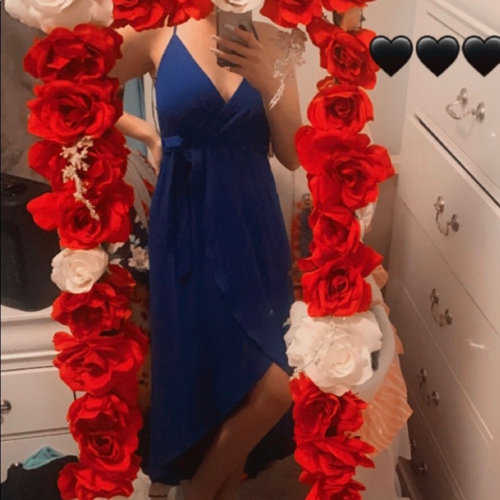 Long in the back, navy blue dress